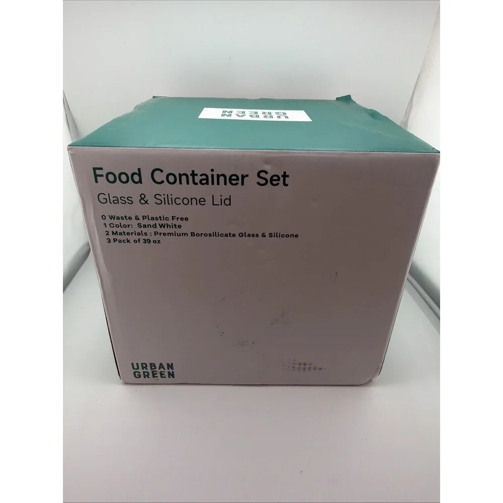 Urban Green Glass Food Container Set with Lid, 3 Pack, White Sand-SQ-3p